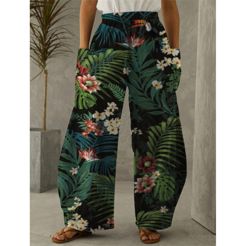 New Printed Wide-leg Pants Flower And Bird Loose Casual Wide-leg Trousers Angelwarriorfitness.com