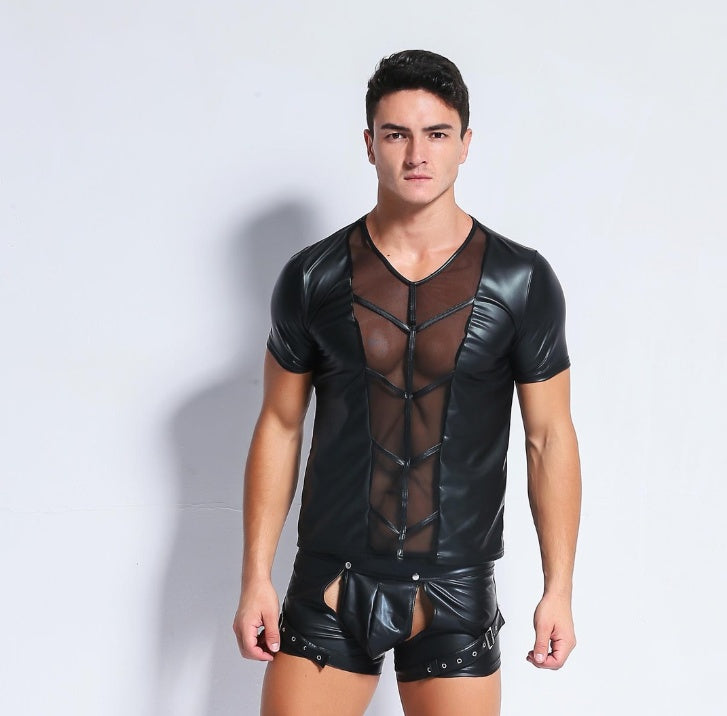 Sexy underwear men's sexy European and American leather stitching shirt vest European and American sexy underwear Angelwarriorfitness.com