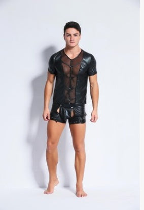 Sexy underwear men's sexy European and American leather stitching shirt vest European and American sexy underwear Angelwarriorfitness.com