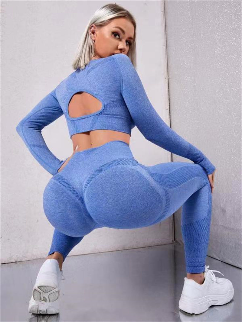 2pcs Sports Suits Long Sleeve Hollow Design Tops And Butt Lifting High Waist Seamless Fitness Leggings Sports Gym Sportswear Outfits Clothing Angelwarriorfitness.com