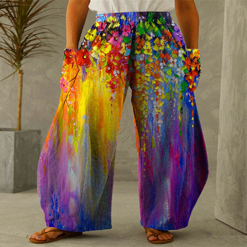 New Printed Wide-leg Pants Flower And Bird Loose Casual Wide-leg Trousers Angelwarriorfitness.com