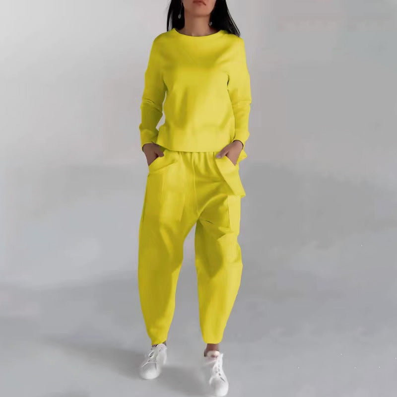 Solid Color Fashion Sweatshirt Long Sleeve Back Slit Top With Pockets Loose Trousers Women's Clothing Angelwarriorfitness.com