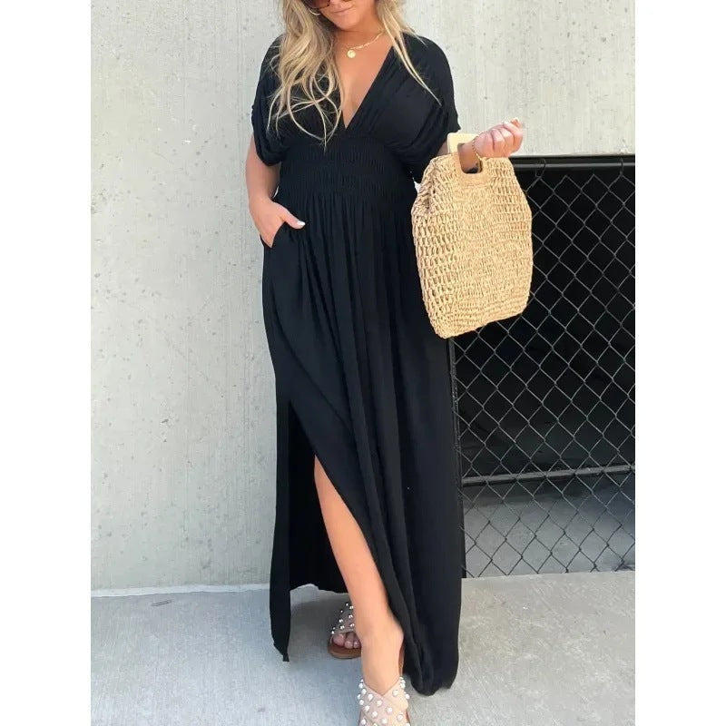 Fashion Bat-sleeved V-neck Slit Dress Summer Short Sleeve Elastic Waist Long Dresses Womens Clothing Angelwarriorfitness.com