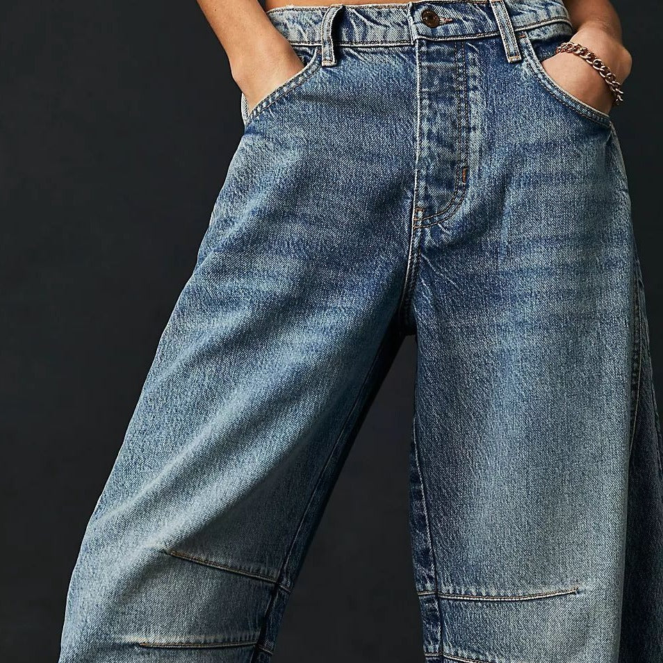 High Stretch Mid-Rise Barrel Jeans Fashion Wide Leg Shape Women Casual Baggy Mid Waist Denim Jeans Angelwarriorfitness.com