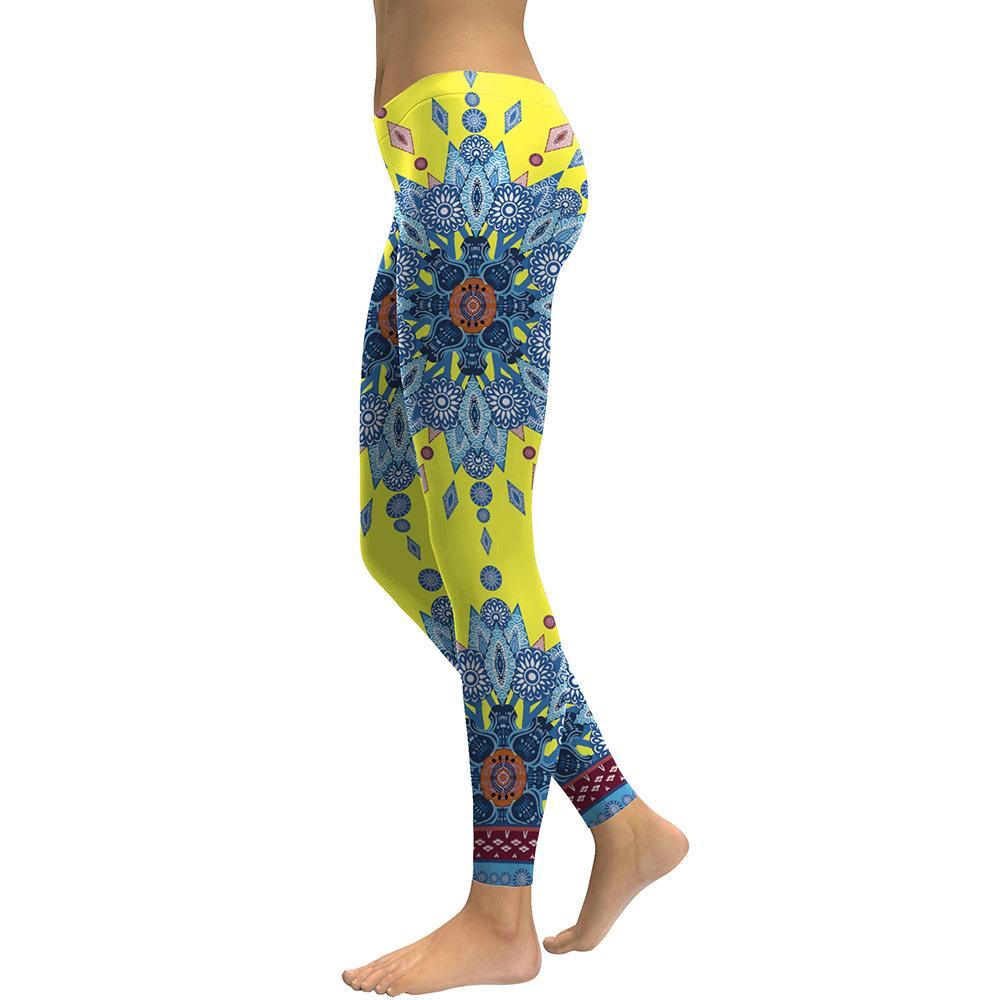 Yellow Blue Starburst Mandala Flower Yoga Workout Leggings Angelwarriorfitness.com