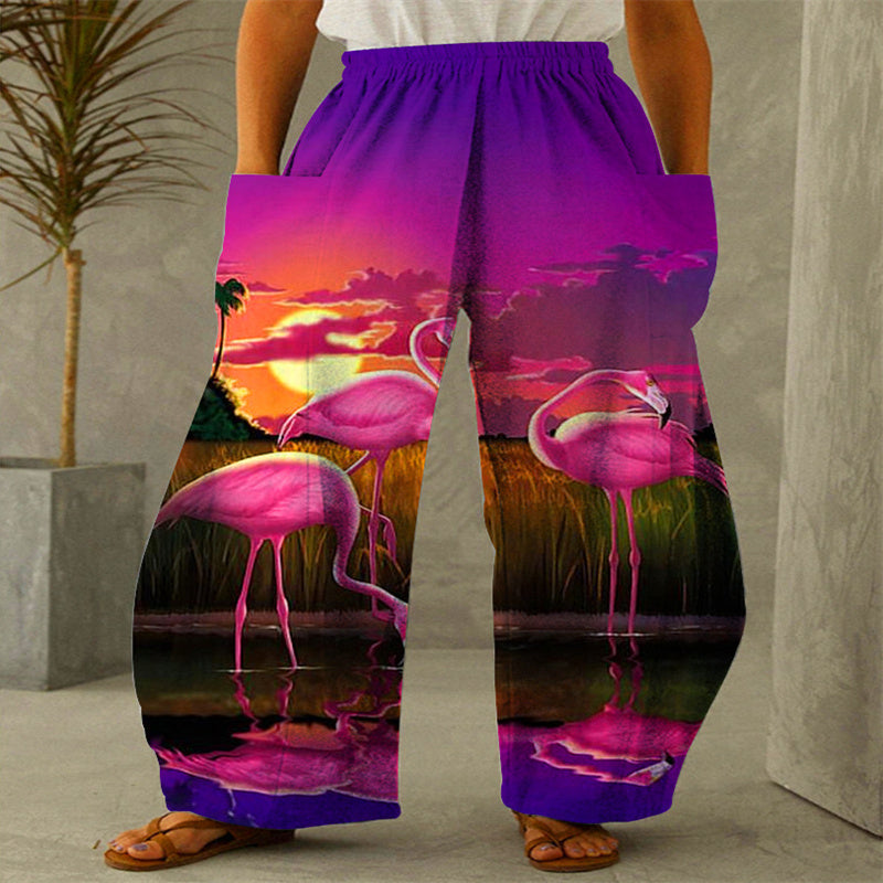 New Printed Wide-leg Pants Flower And Bird Loose Casual Wide-leg Trousers Angelwarriorfitness.com