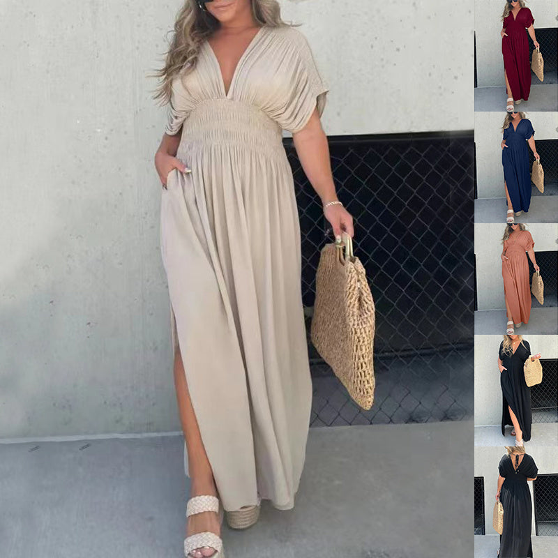 Fashion Bat-sleeved V-neck Slit Dress Summer Short Sleeve Elastic Waist Long Dresses Womens Clothing Angelwarriorfitness.com