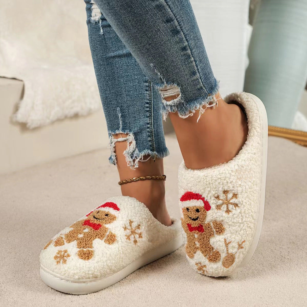 Christmas Snowflake Gingerbread Slippers Winter Indoor Non-slip Floor Bedroom Fuzzy House Shoes For Women Home Slippers Angelwarriorfitness.com