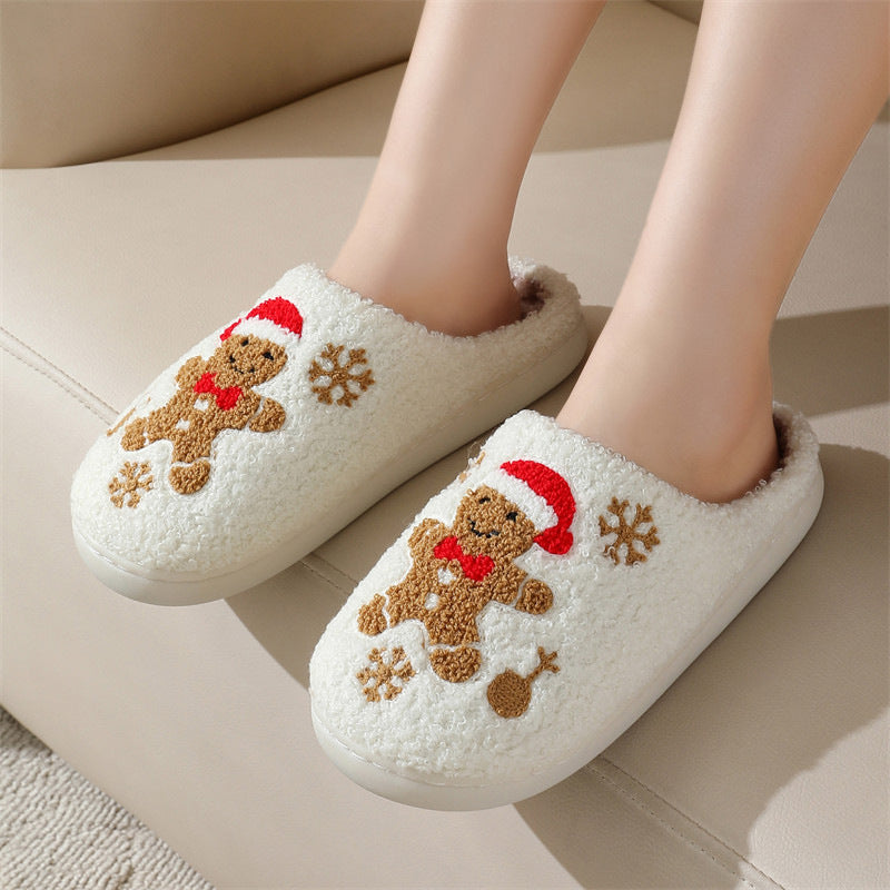 Christmas Snowflake Gingerbread Slippers Winter Indoor Non-slip Floor Bedroom Fuzzy House Shoes For Women Home Slippers Angelwarriorfitness.com