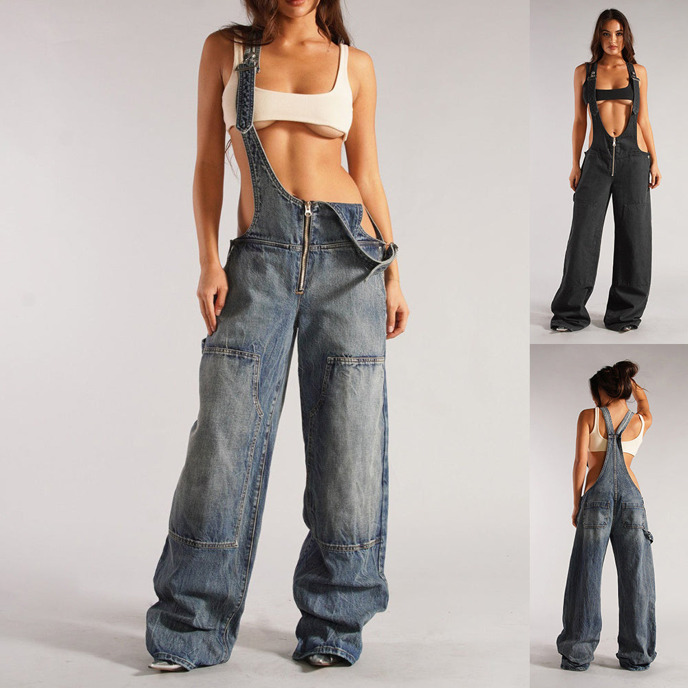 Y2K Denim Overalls With Pockets Fashion Loose Jumpsuit Streetwear Zipper Jeans Pants Womens Clothing Angelwarriorfitness.com