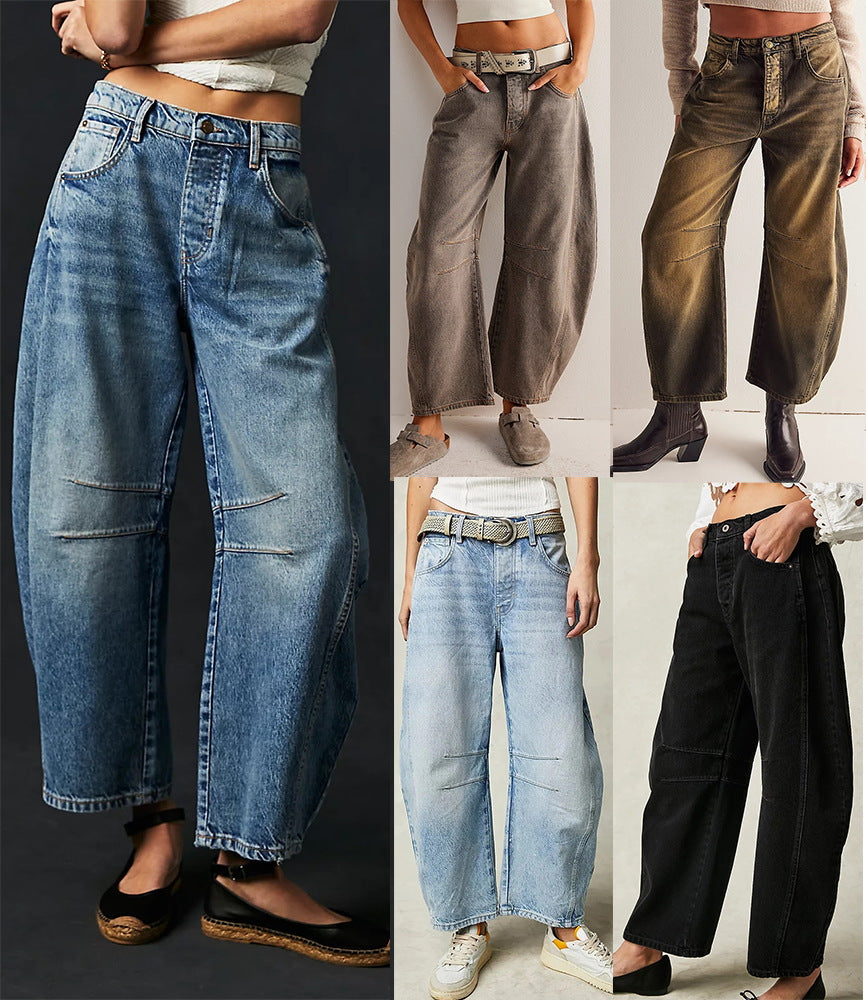 High Stretch Mid-Rise Barrel Jeans Fashion Wide Leg Shape Women Casual Baggy Mid Waist Denim Jeans Angelwarriorfitness.com