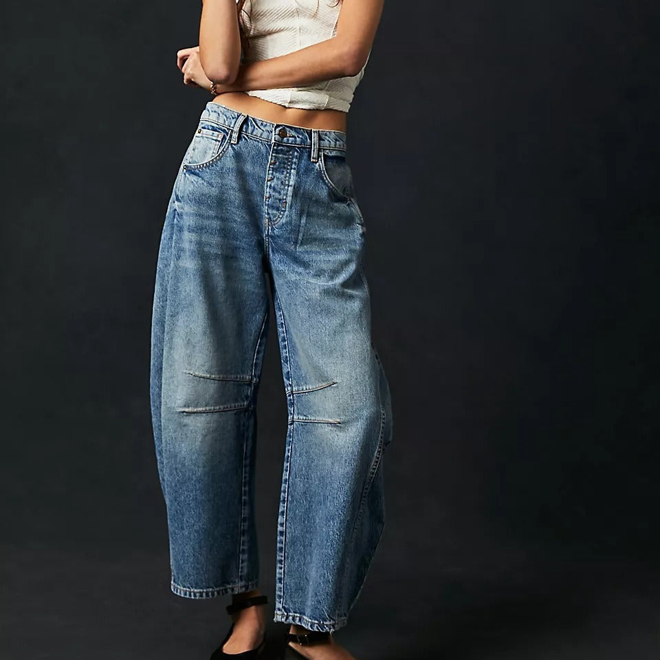 High Stretch Mid-Rise Barrel Jeans Fashion Wide Leg Shape Women Casual Baggy Mid Waist Denim Jeans Angelwarriorfitness.com