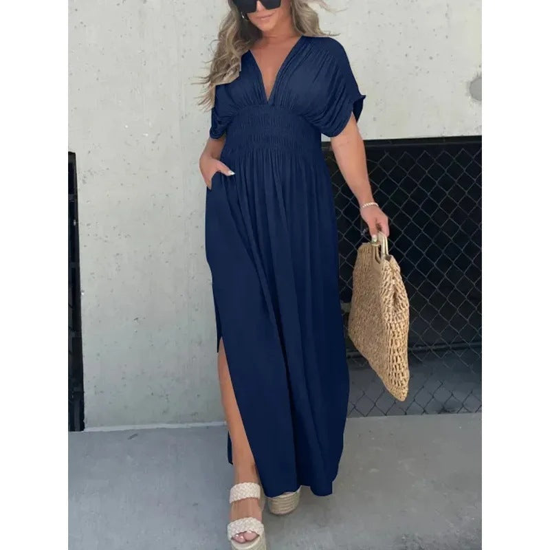 Fashion Bat-sleeved V-neck Slit Dress Summer Short Sleeve Elastic Waist Long Dresses Womens Clothing Angelwarriorfitness.com