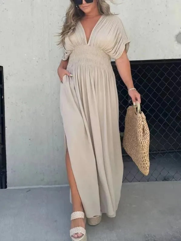 Fashion Bat-sleeved V-neck Slit Dress Summer Short Sleeve Elastic Waist Long Dresses Womens Clothing Angelwarriorfitness.com