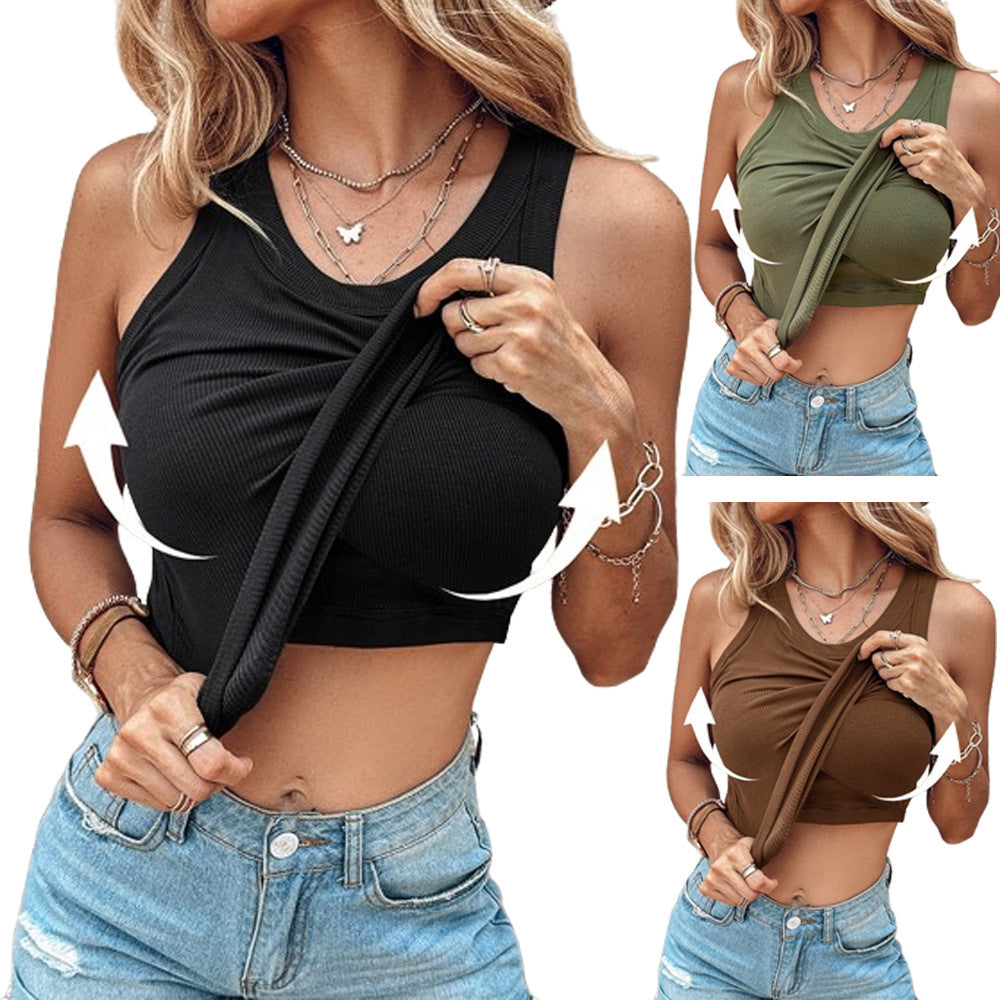 Round Neck Vest With Bra Summer Solid Color Bottom Sleeveless Top Womens Clothing Angelwarriorfitness.com