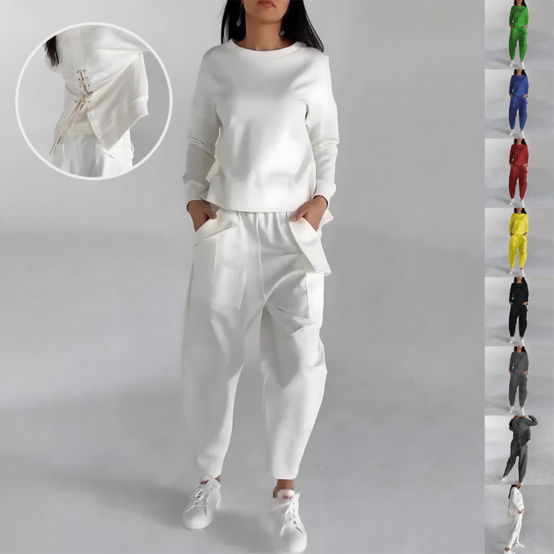 Solid Color Fashion Sweatshirt Long Sleeve Back Slit Top With Pockets Loose Trousers Women's Clothing Angelwarriorfitness.com