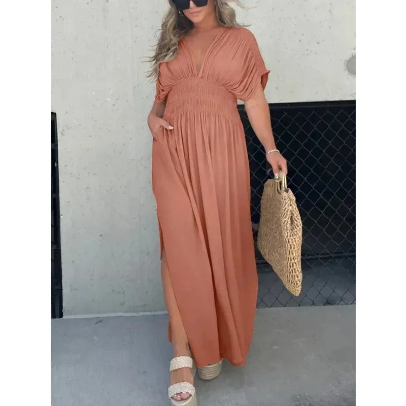 Fashion Bat-sleeved V-neck Slit Dress Summer Short Sleeve Elastic Waist Long Dresses Womens Clothing Angelwarriorfitness.com