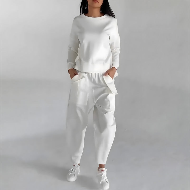 Solid Color Fashion Sweatshirt Long Sleeve Back Slit Top With Pockets Loose Trousers Women's Clothing Angelwarriorfitness.com