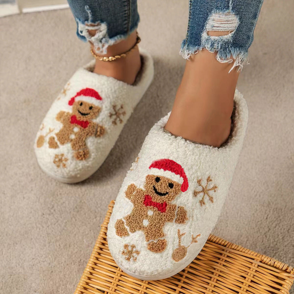 Christmas Snowflake Gingerbread Slippers Winter Indoor Non-slip Floor Bedroom Fuzzy House Shoes For Women Home Slippers Angelwarriorfitness.com