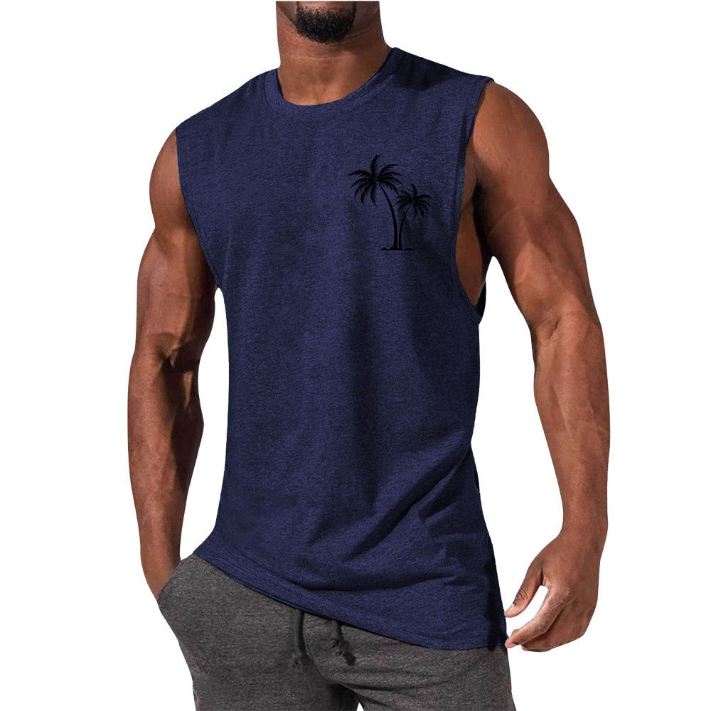 Coconut Tree Embroidery Vest Summer Beach Tank Tops Workout Muscle Men Sports Fitness T-shirt Angelwarriorfitness.com