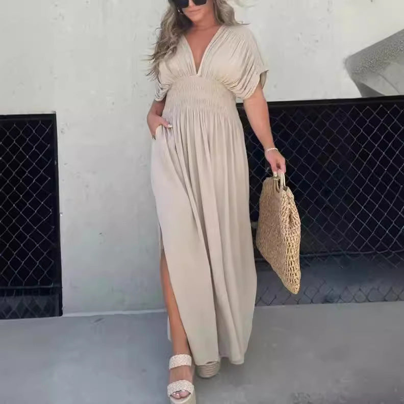 Fashion Bat-sleeved V-neck Slit Dress Summer Short Sleeve Elastic Waist Long Dresses Womens Clothing Angelwarriorfitness.com