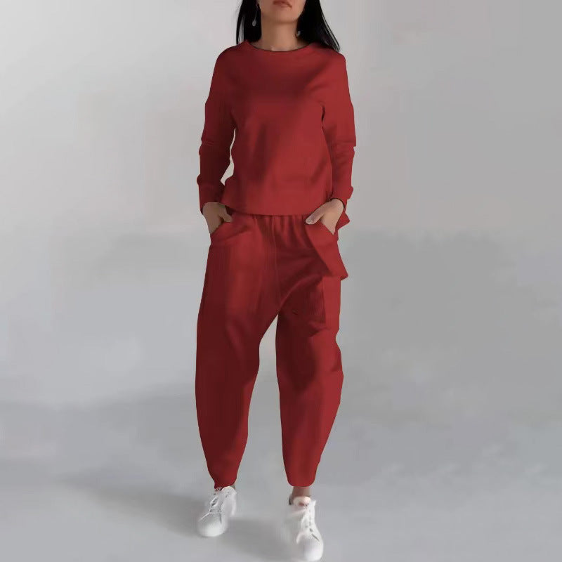 Solid Color Fashion Sweatshirt Long Sleeve Back Slit Top With Pockets Loose Trousers Women's Clothing Angelwarriorfitness.com