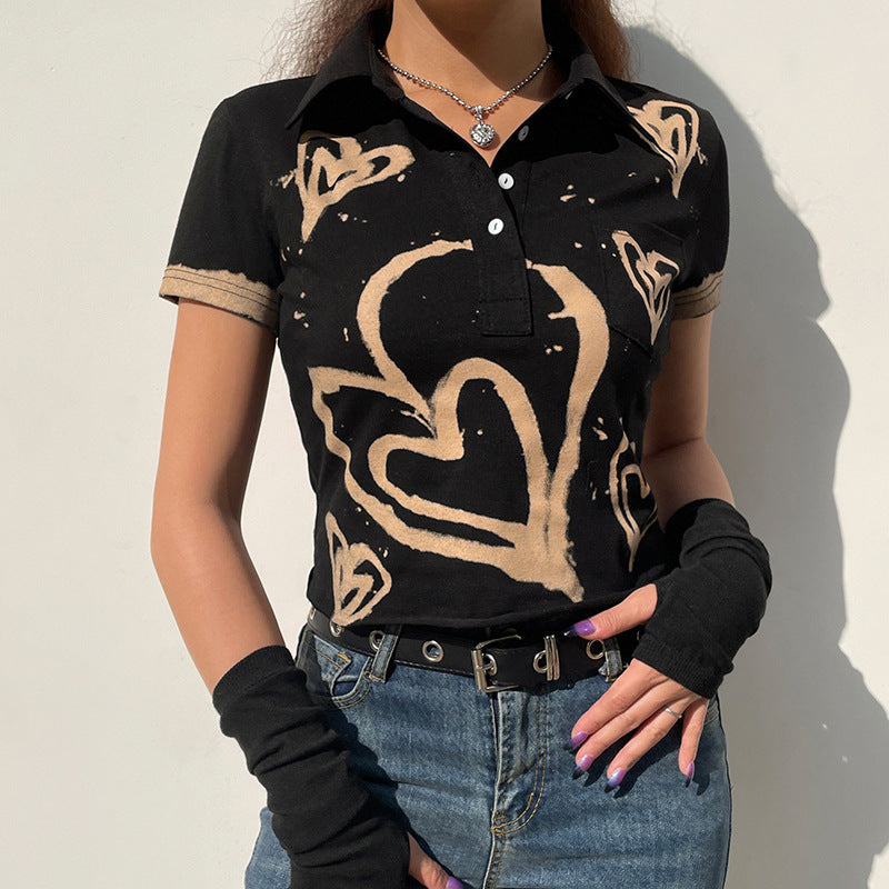 Vintage Fashion Heart Printing Short Sleeve T-shirt Turn Down Collar Streetwear Crop Top Angelwarriorfitness.com