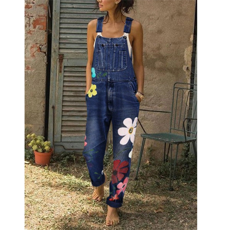 Denim overalls printed washed denim overalls Angelwarriorfitness.com