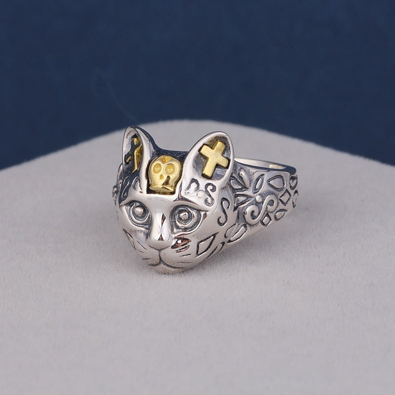 S925 sterling silver cartoon cute kitten ring retro lucky cat ring Angelwarriorfitness.com