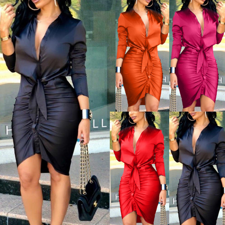 Women Lace-up Solid Color Long Sleeve Midi Dress Shirt Dress Elegant Fashion Party Dress Angelwarriorfitness.com