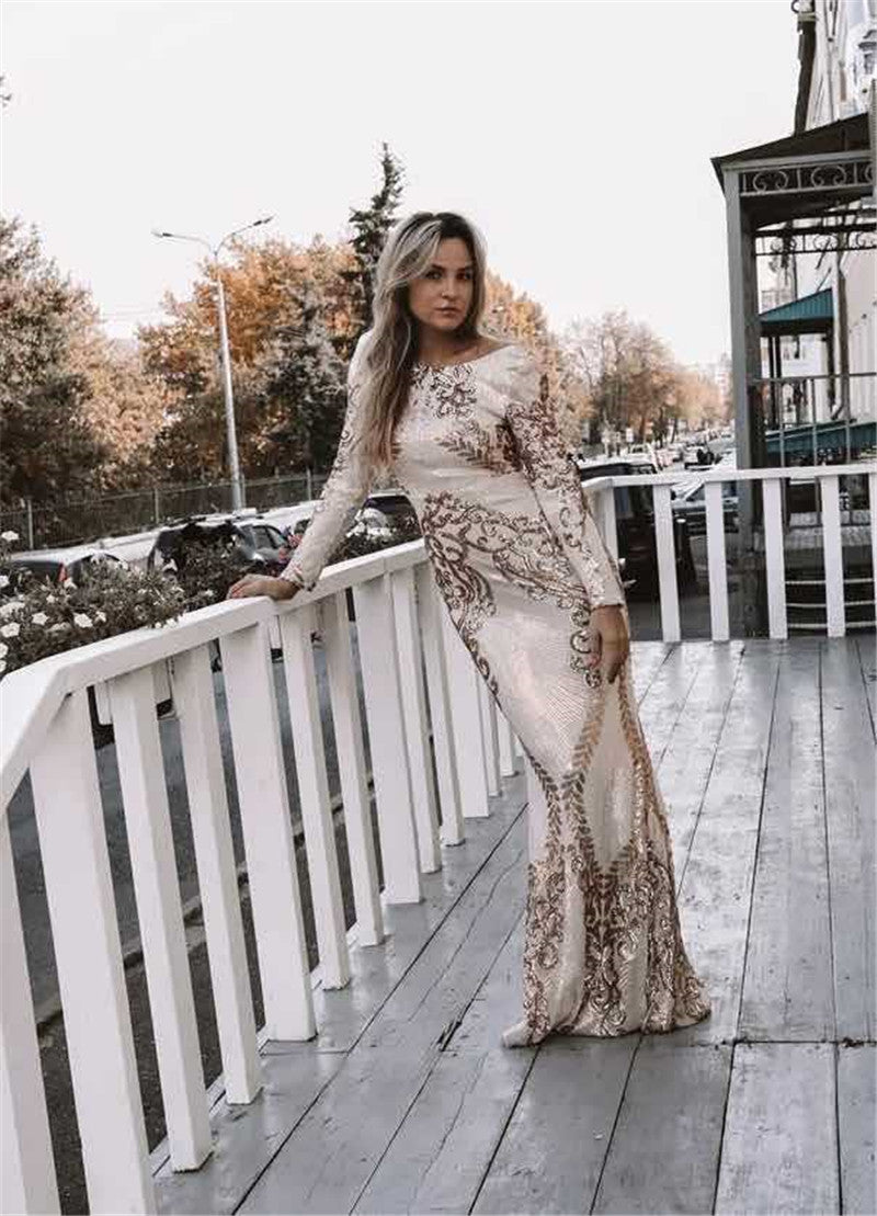 High Waist Long Sleeve Round Neck Halter Sequined Mermaid Evening Dress Angelwarriorfitness.com