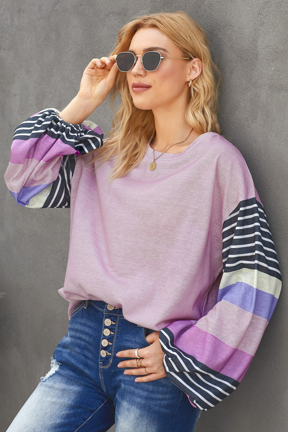 Striped Colorblock Long Sleeve Knit Top Angelwarriorfitness.com