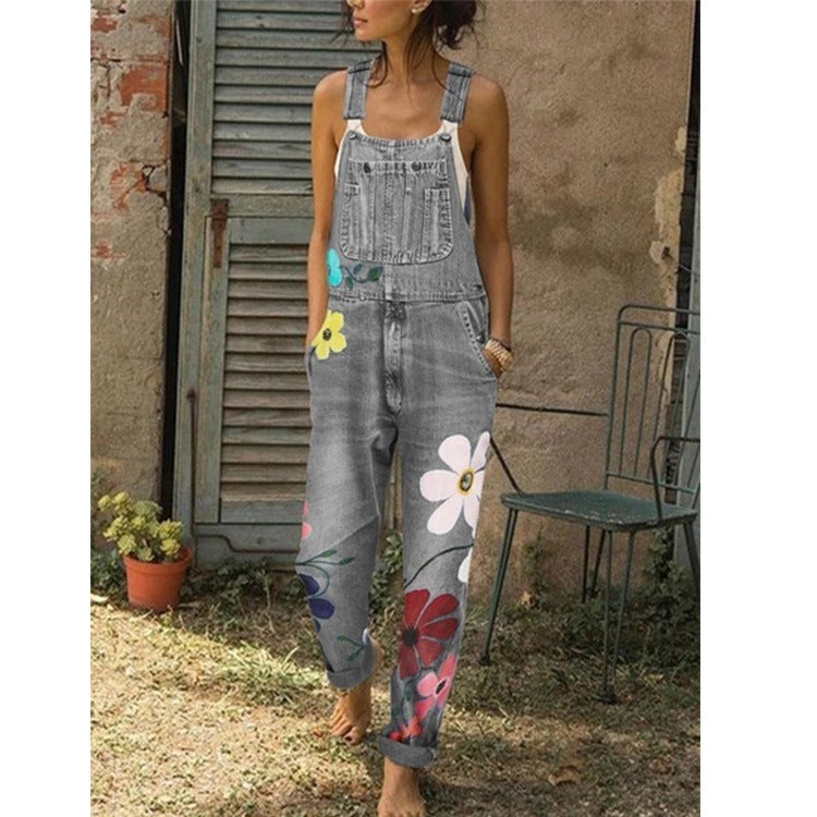 Denim overalls printed washed denim overalls Angelwarriorfitness.com