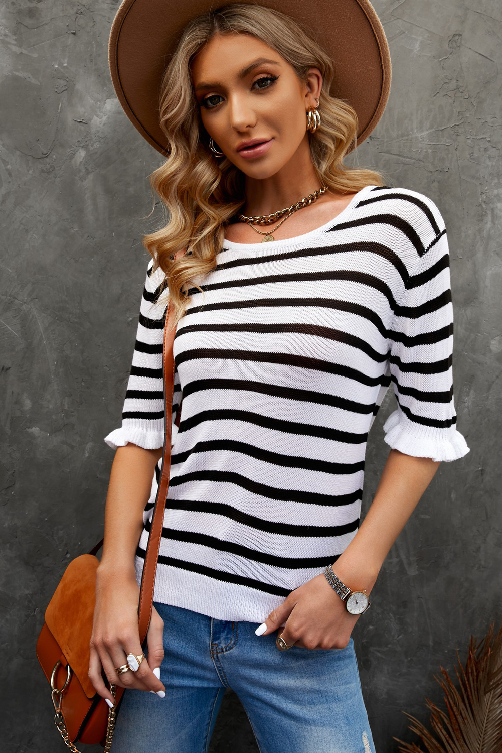 Striped Knit Ruffled Sleeves Top Angelwarriorfitness.com