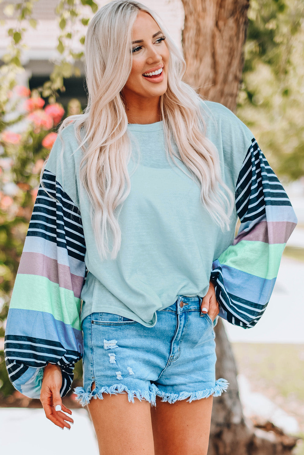 Striped Colorblock Long Sleeve Knit Top Angelwarriorfitness.com