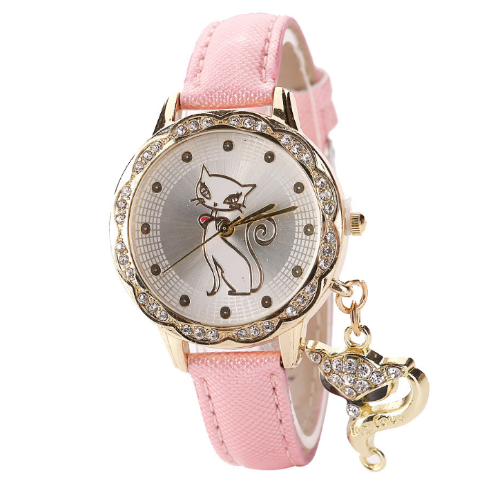 Fashion Cute Cat Pattern watch bracelets Clock Gift Women Girl Watches Luxury Diamond Analog Leather Quartz Wrist Watches Angelwarriorfitness.com