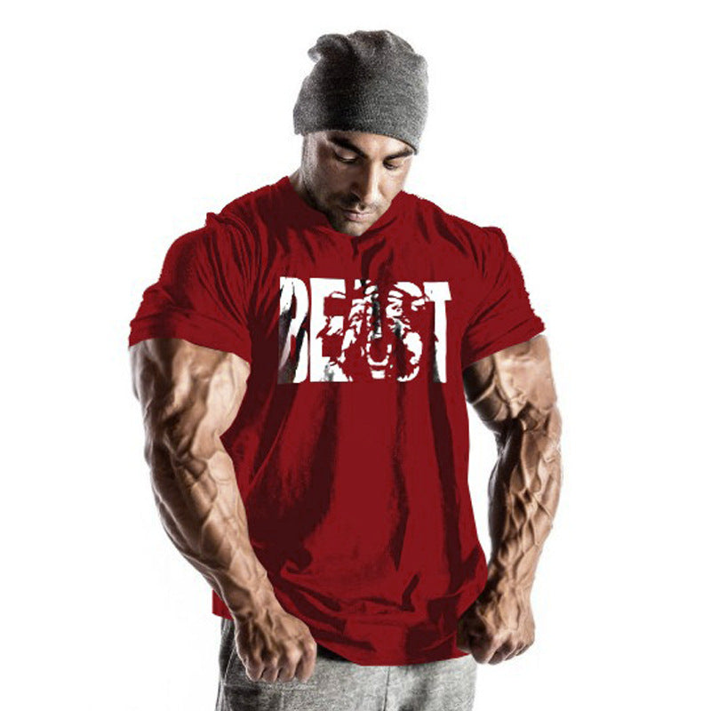 Printed beast men's collar sports cotton T-shirt muscle generation Angelwarriorfitness.com