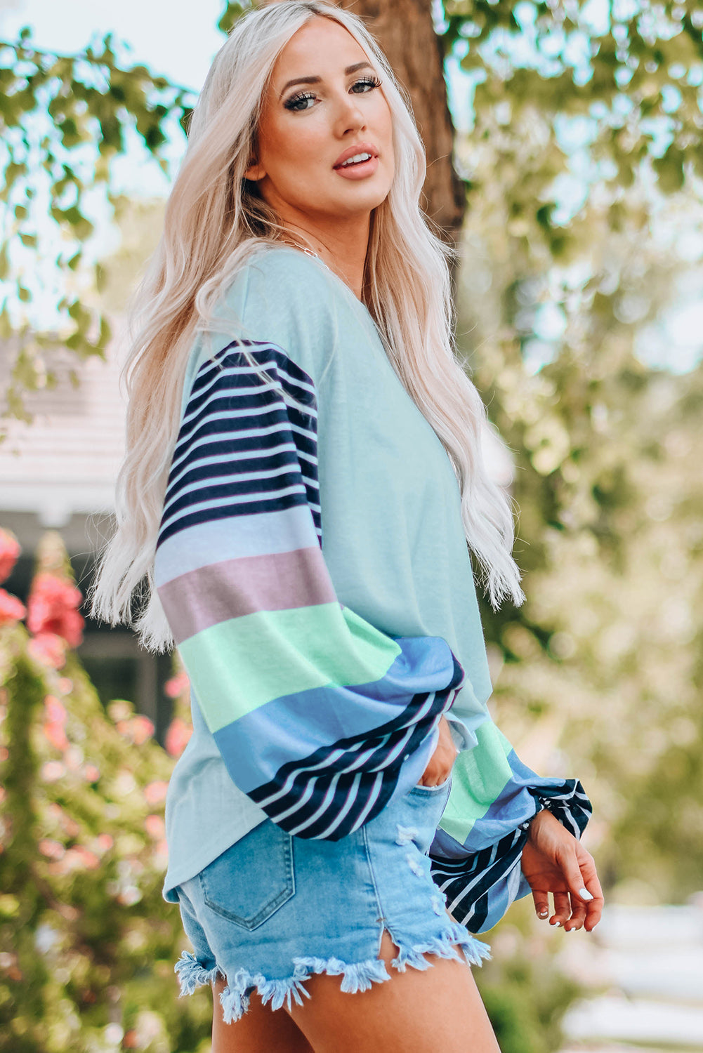 Striped Colorblock Long Sleeve Knit Top Angelwarriorfitness.com