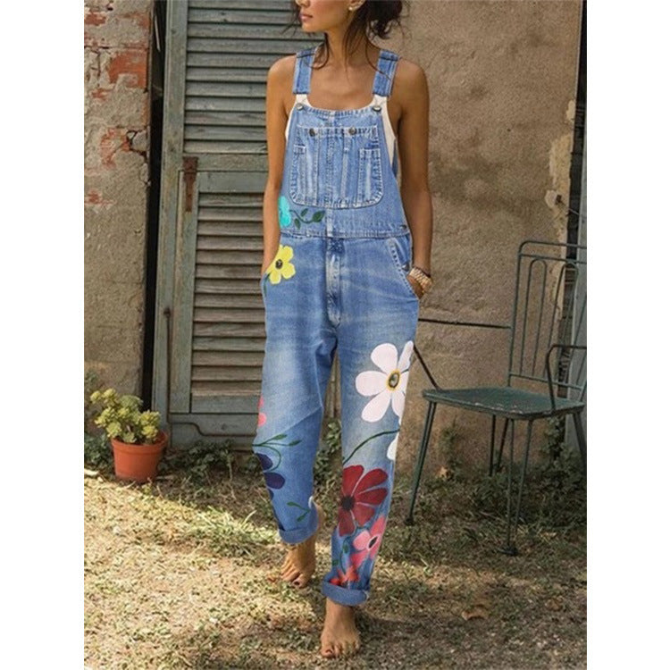 Denim overalls printed washed denim overalls Angelwarriorfitness.com