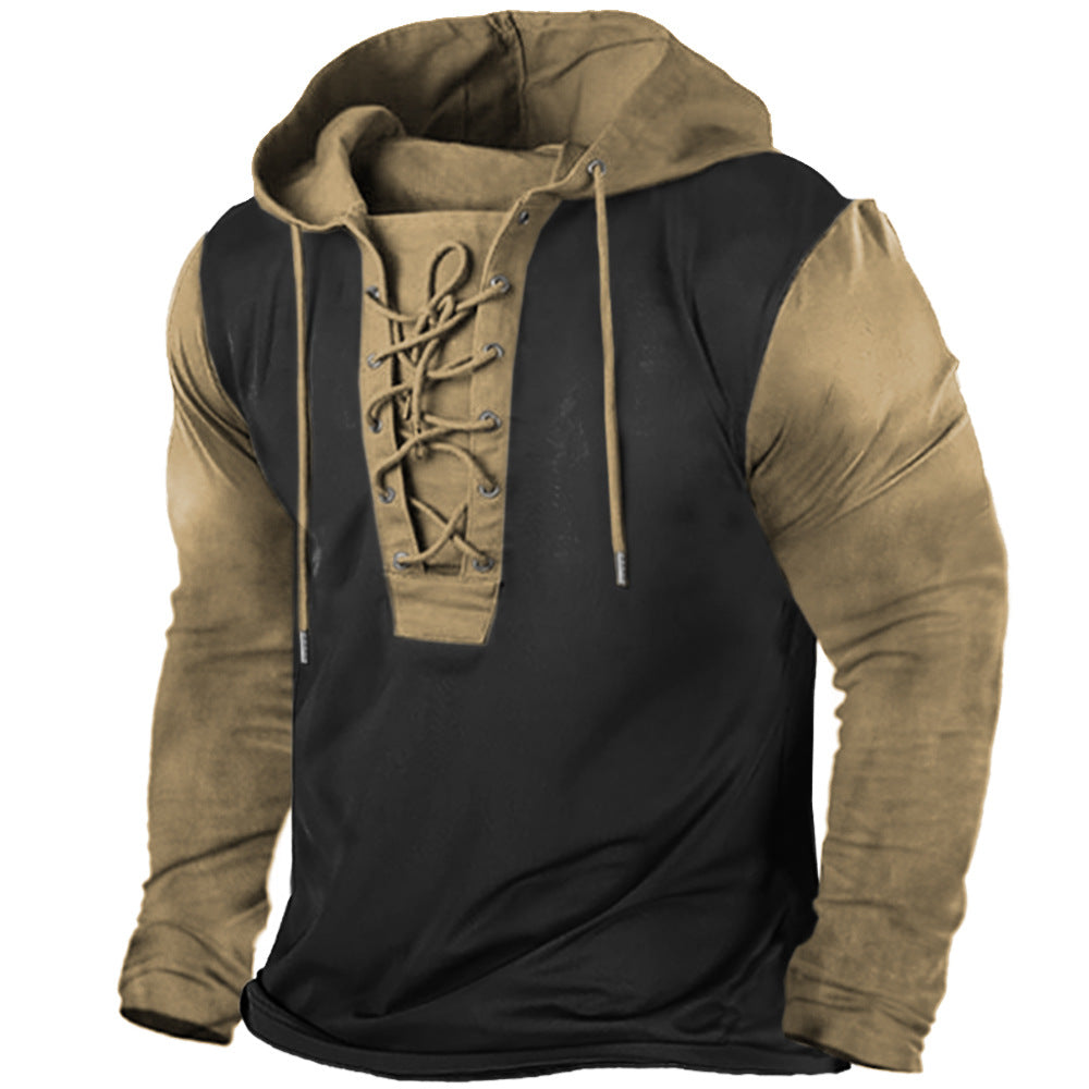 Men's Outdoor Retro Lace-up Hooded Long-sleeved T-shirt Autumn Solid Color Casual Top Angelwarriorfitness.com