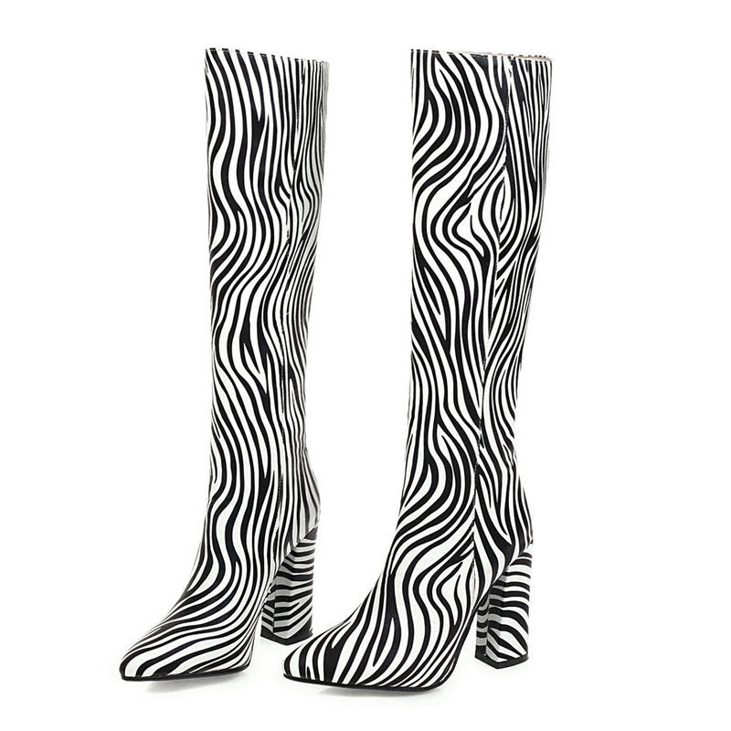 Fashion Animal Print Long Barrel Knight Boots Female  Knee-high Thick High-heeled Boots Angelwarriorfitness.com