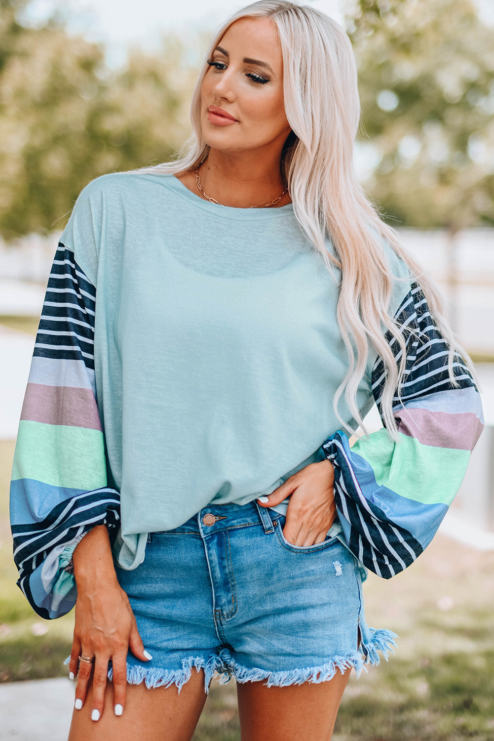 Striped Colorblock Long Sleeve Knit Top Angelwarriorfitness.com