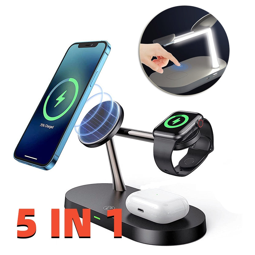 Multifunctional Five-In-One Magnetic Wireless Charging Watch Headset Desktop Mobile Phone Holder Charger 15W Fast Charge Angelwarriorfitness.com