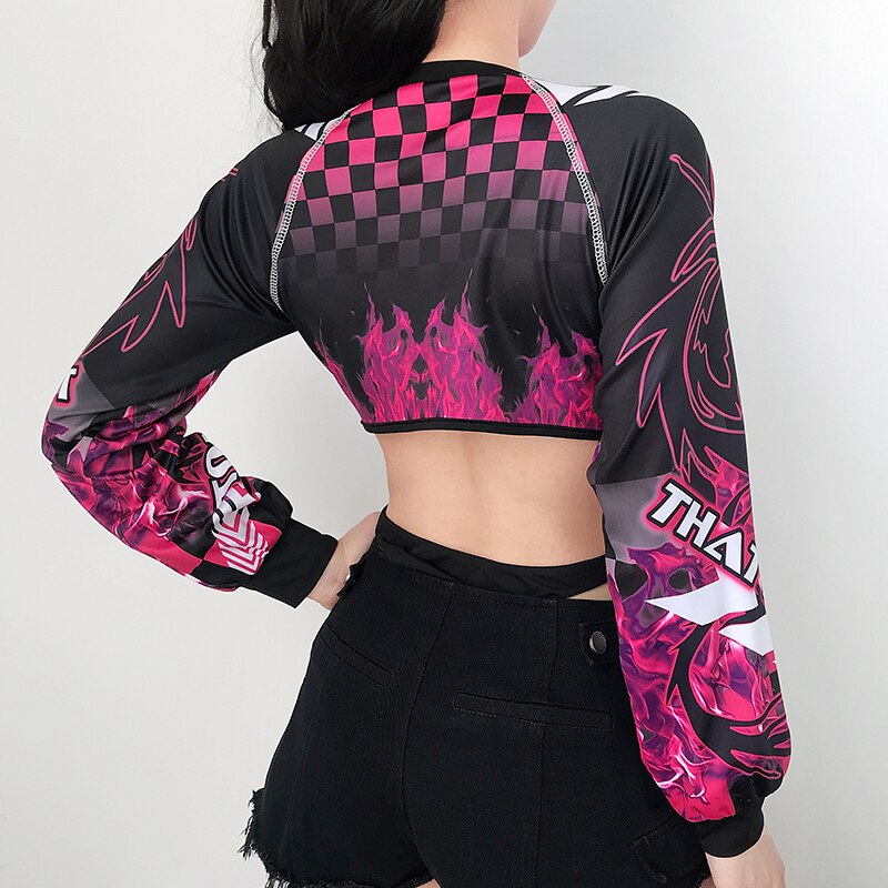 Rapwriter Sexy Backless Cut Out Beach Jumpsuit Summer Rave Clothes O-Neck Long Sleeve Flame Print Backless Gothic Bodysuit Women Angelwarriorfitness.com