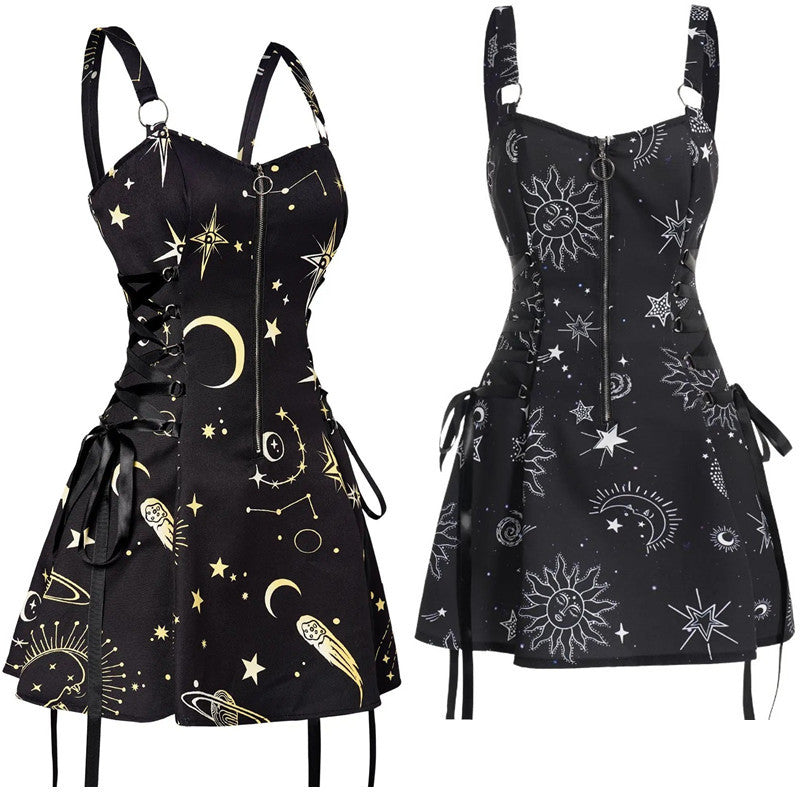 Women's Fashion Print Zipper Lace-up High-waisted Sling Dress Angelwarriorfitness.com