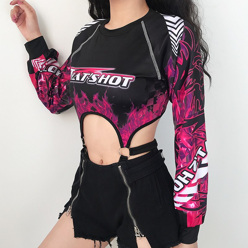 Rapwriter Sexy Backless Cut Out Beach Jumpsuit Summer Rave Clothes O-Neck Long Sleeve Flame Print Backless Gothic Bodysuit Women Angelwarriorfitness.com